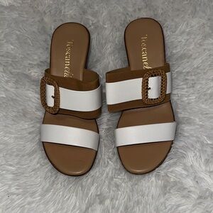 Tuscanella Women's White and Brown Slide Sandals